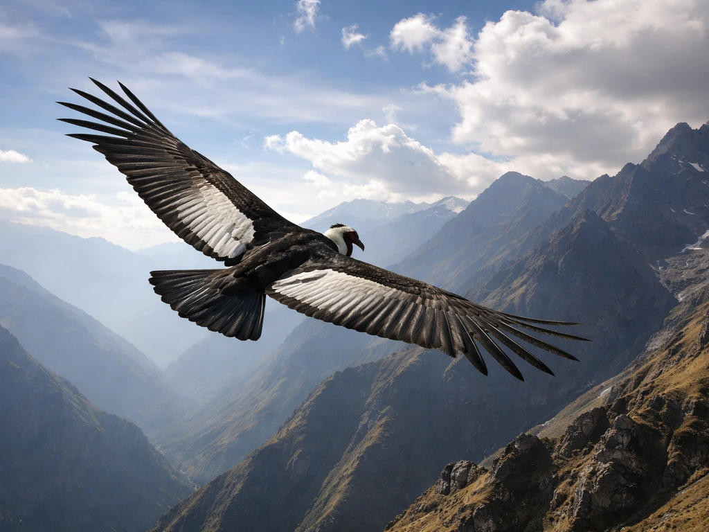 Andean condor soaring high over Ecuador’s Andes, wings spread against dramatic mountain sky.