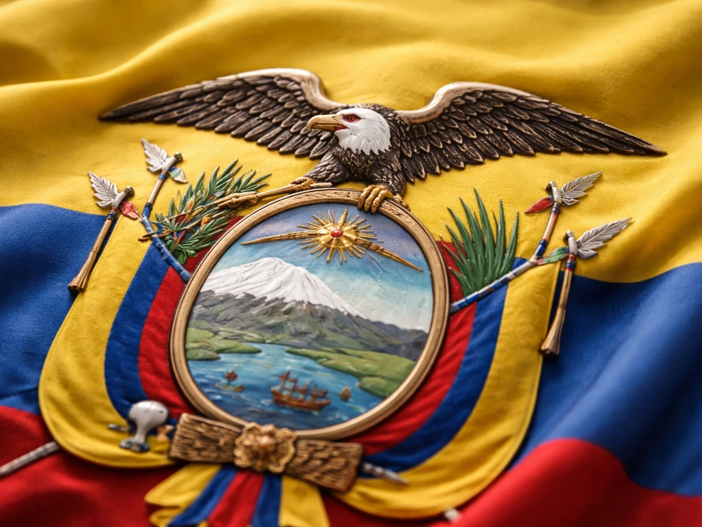 Close-up of Ecuador coat of arms detail with the Andean condor on gently rippling flag fabric.