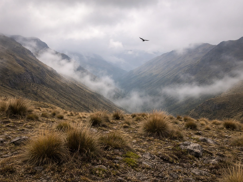 High Andean páramo landscape in Ecuador with misty mountains, suggesting where Andean condors are found.