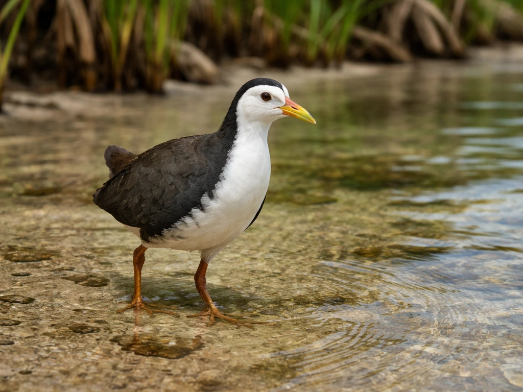 White-breasted waterhen standing in a shallow Maldivian wetland with soft mangrove greenery behind it