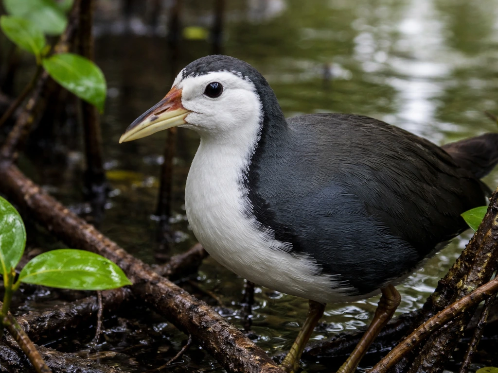 Close-up of a white-breasted waterhen showing white face and belly against a dark nape and back.