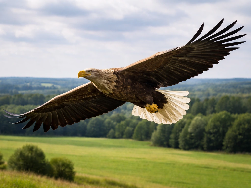 White-tailed eagle (bielik) soaring over a scenic Polish countryside with pale tail visible.