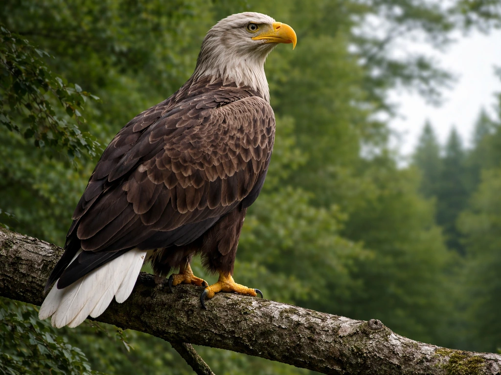 White-tailed eagle perched on a branch, pale tail clearly visible against softly blurred forest background.
