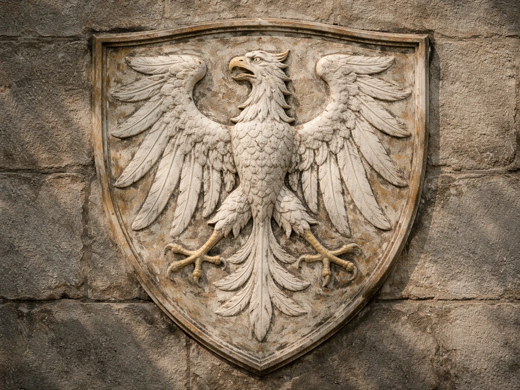 Medieval eagle crest and white eagle wings motif on a weathered stone background, softly lit.