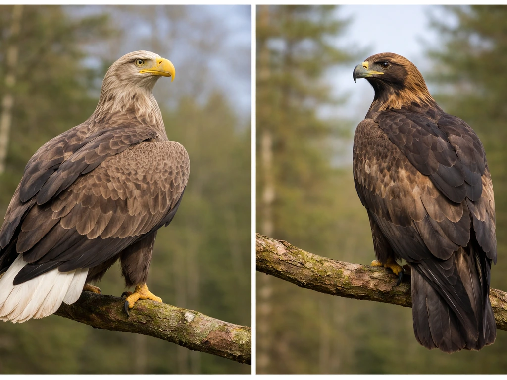Side-by-side photo of a white-tailed eagle and a golden eagle perched on branches in the same landscape.
