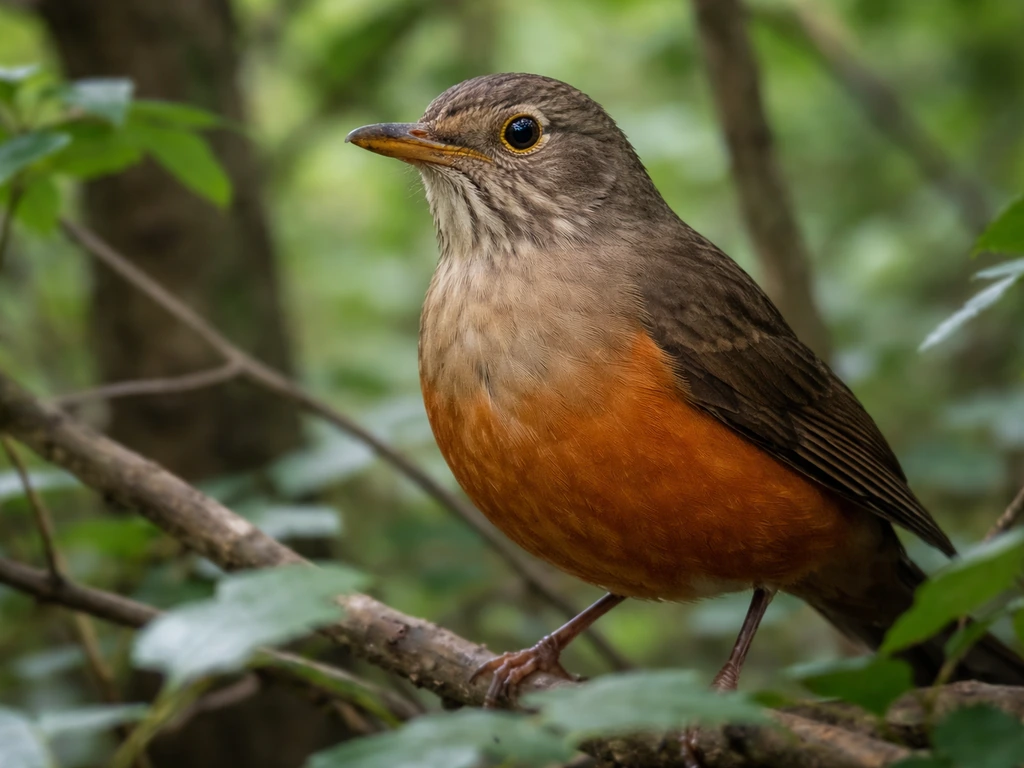 Rufous-bellied thrush perched on branches, showing rufous belly and olive-brown wings in natural light.