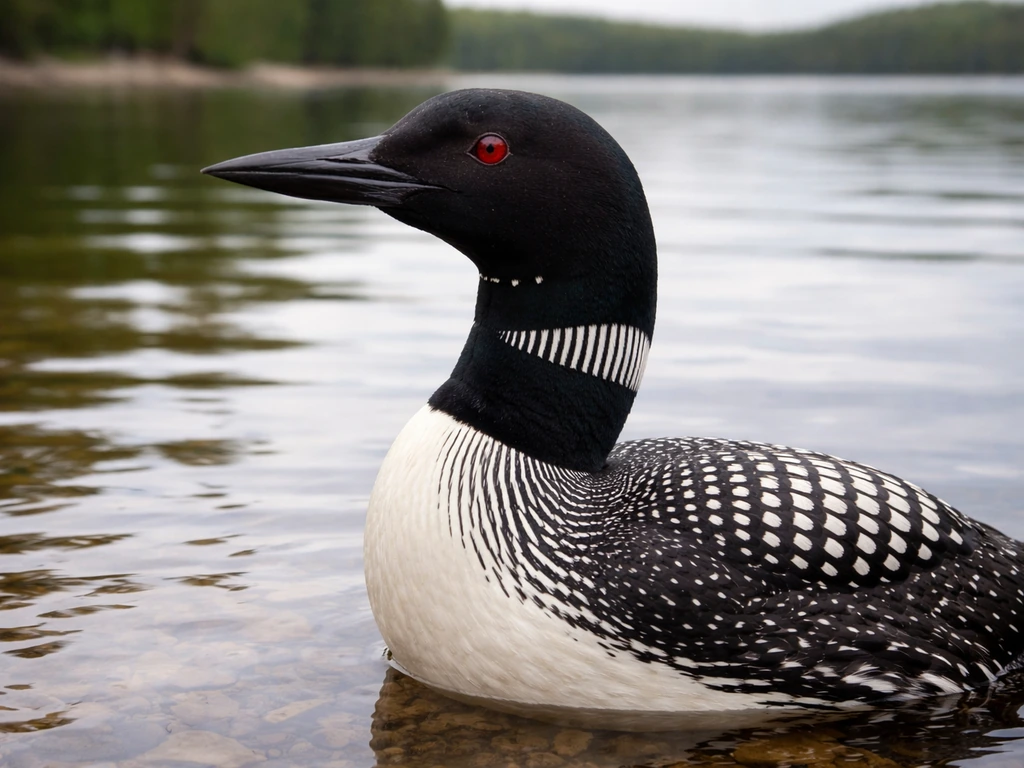 Common loon standing at the edge of a calm lake with soft water reflections.