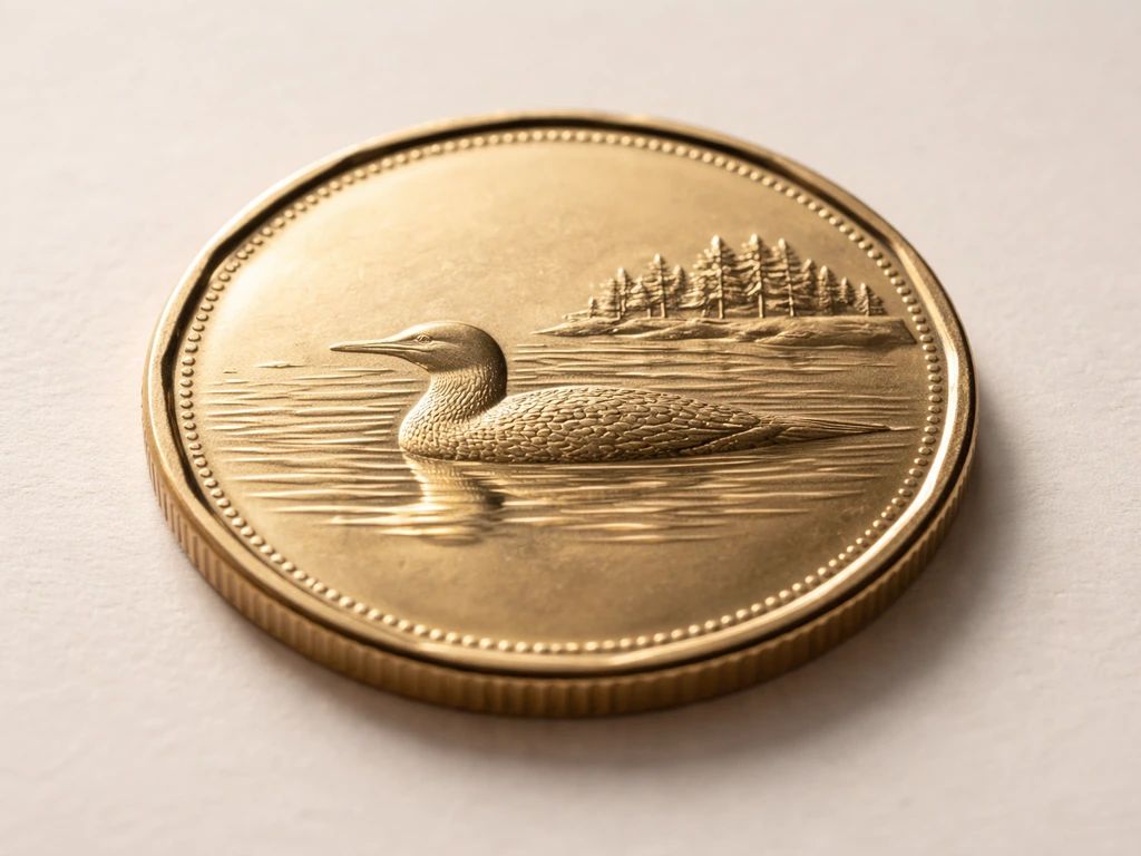 Close-up of a loonie coin showing a resting loon on a still lake with a small conifer island behind.