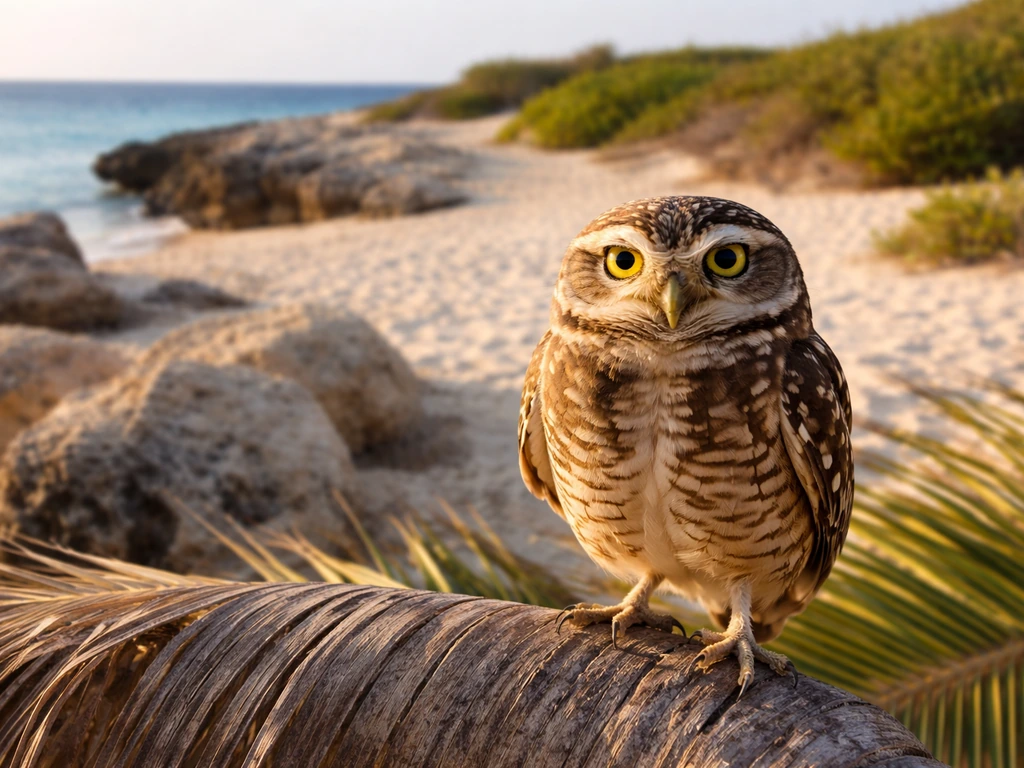 An owl perched on a coastal palm branch with Aruba-style landscape in soft focus behind it