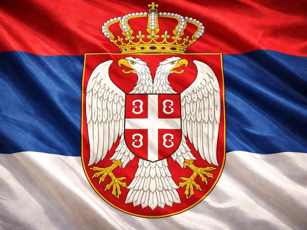 Close-up of Serbia’s coat of arms with the two-headed eagle over red-blue-white flag stripes.
