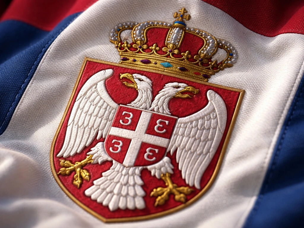 Point-of-view closeup of a Serbian coat of arms area, showing the bird shield and crown without the flag stripes.