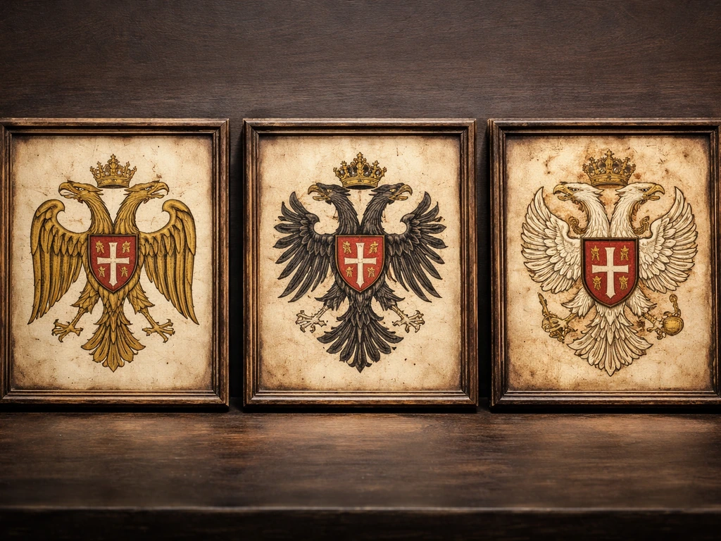 Left-to-right montage of several double-headed eagle heraldic designs on aged parchment backgrounds