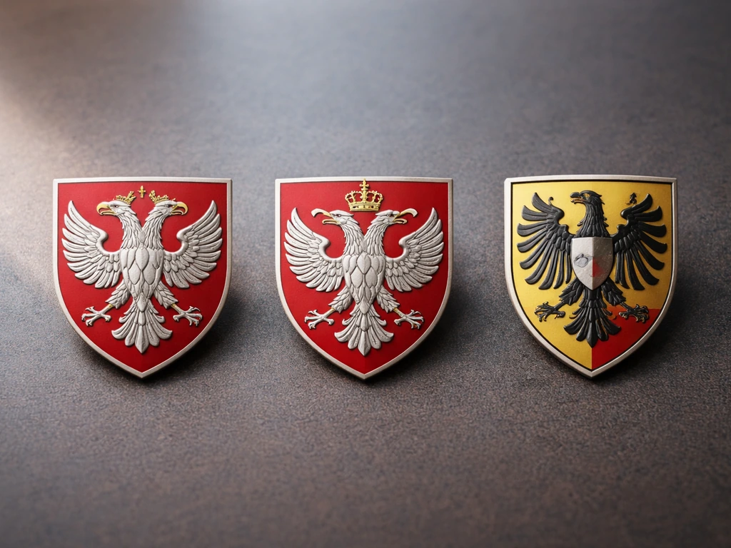 Three distinct eagle crests side by side on a dark tabletop, highlighting different directions and crown details.