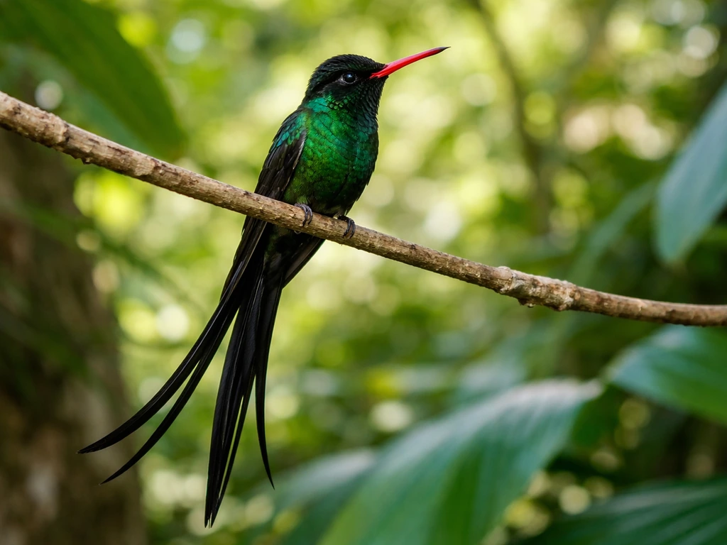 Doctor bird (swallow-tail hummingbird) perched in a lush Jamaican garden with vibrant red bill and long black tail.