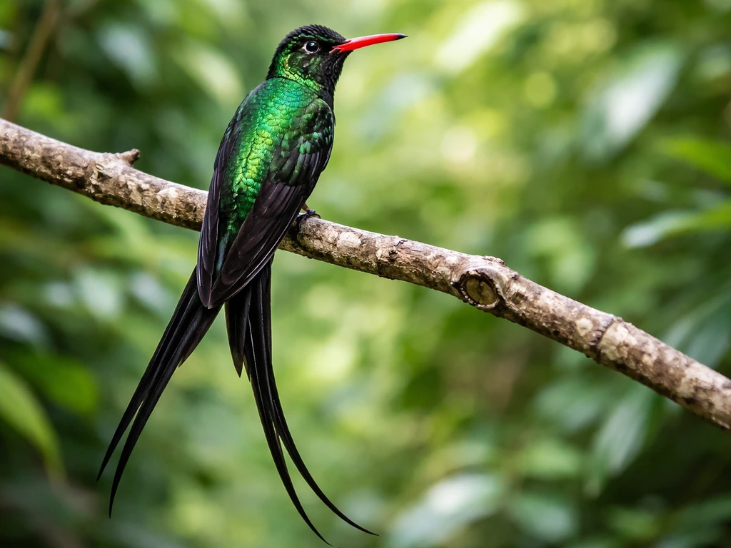 Male Doctor Bird perched on a branch, showing shiny green body, red bill, and long black tail.