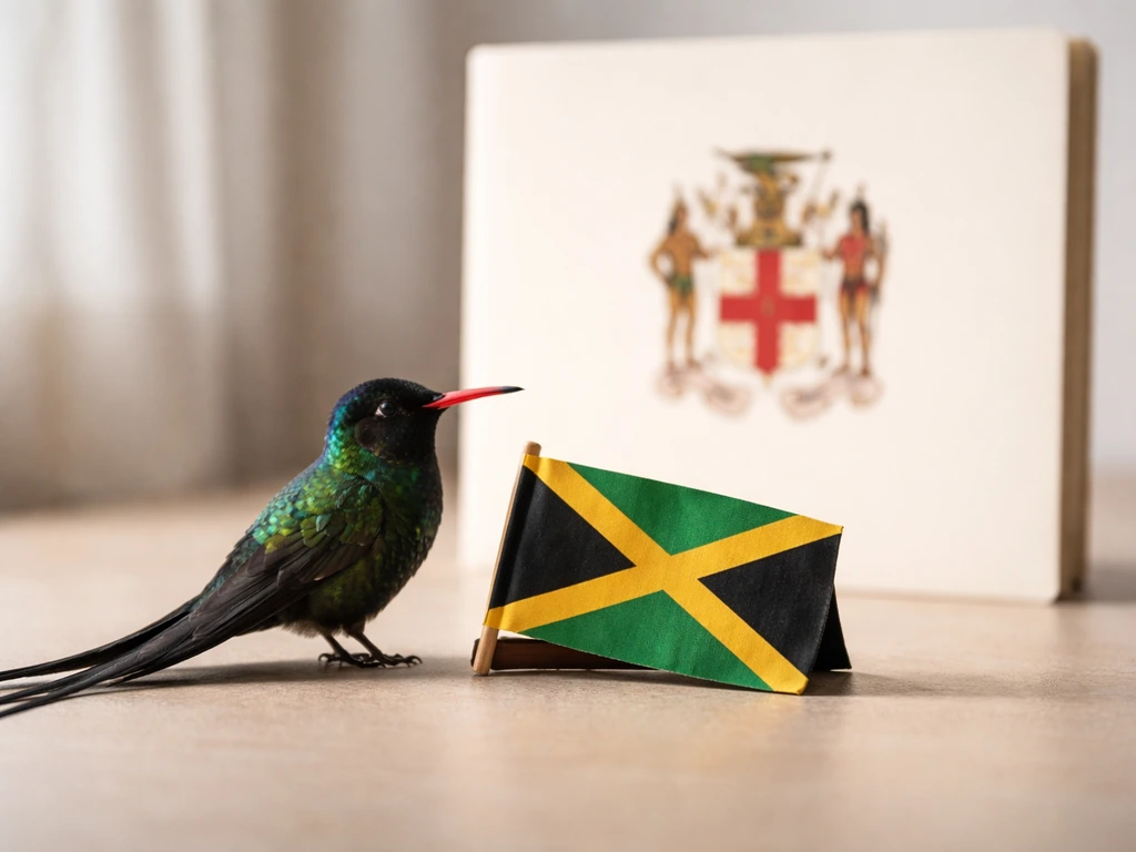 Jamaican doctor bird symbol next to a small folded flag on a plain tabletop.