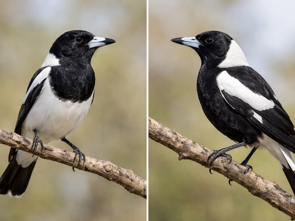 Minimal side-by-side bird photo scene showing black-and-white piping shrike versus white-backed magpie lookalikes