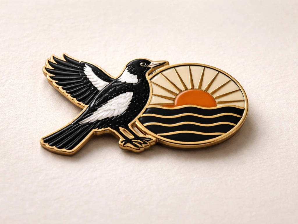 Minimal photo of a badge-like emblem: a piping shrike silhouette with wings open beside a rising sun motif.