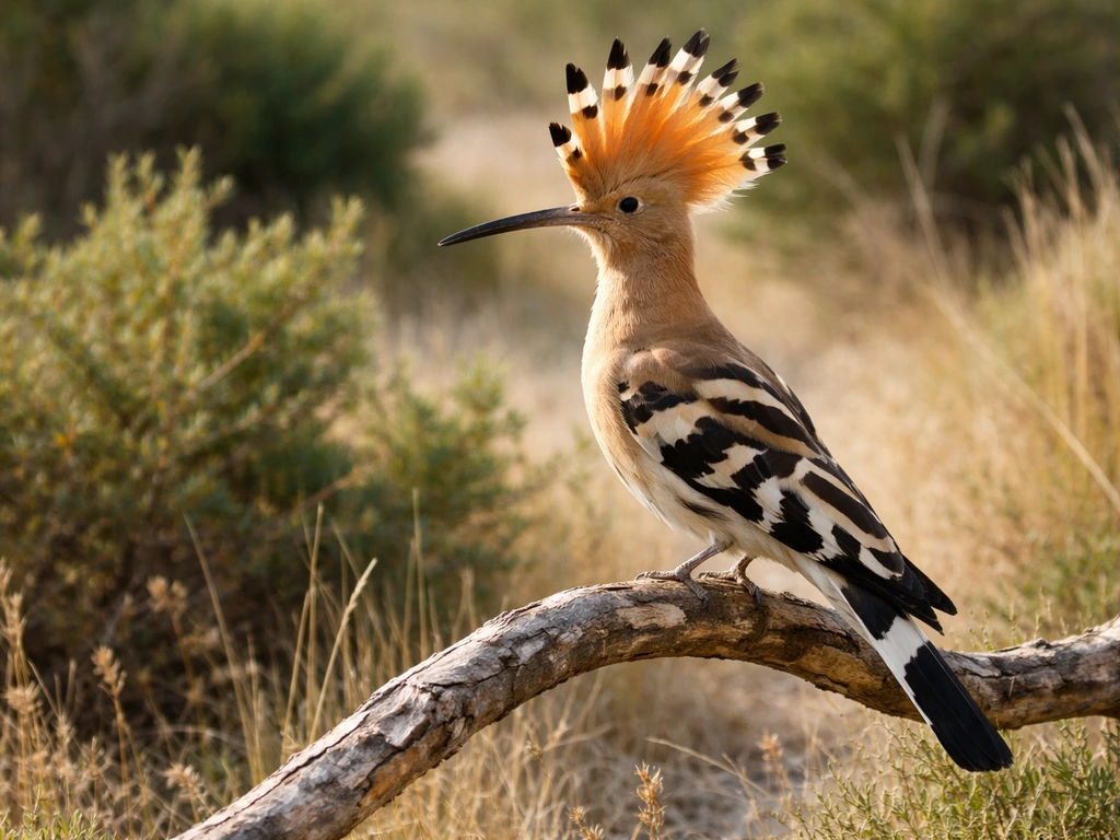Eurasian hoopoe perched on a branch in natural scrub, crest raised like a crown.
