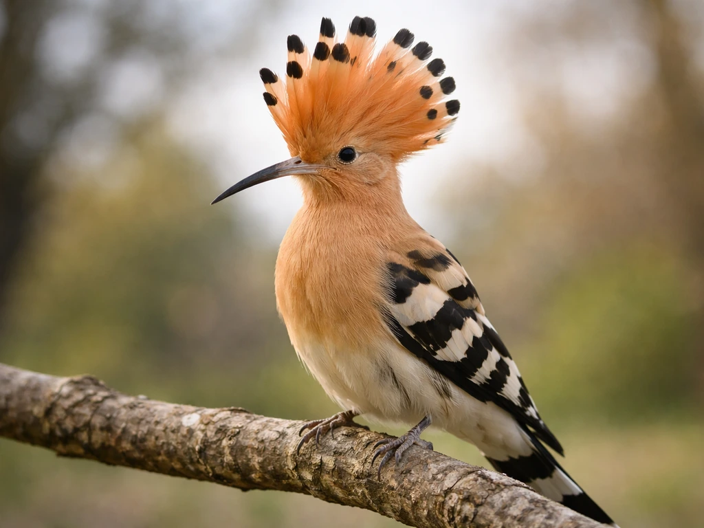 Eurasian hoopoe with vivid orange-and-black plumage and upright fan crest perched on a branch.