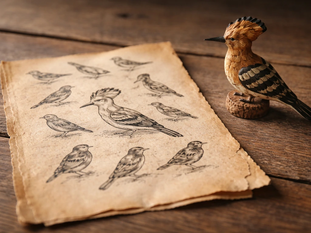 A parchment bird-list page beside a carved hoopoe figurine on a wooden table.