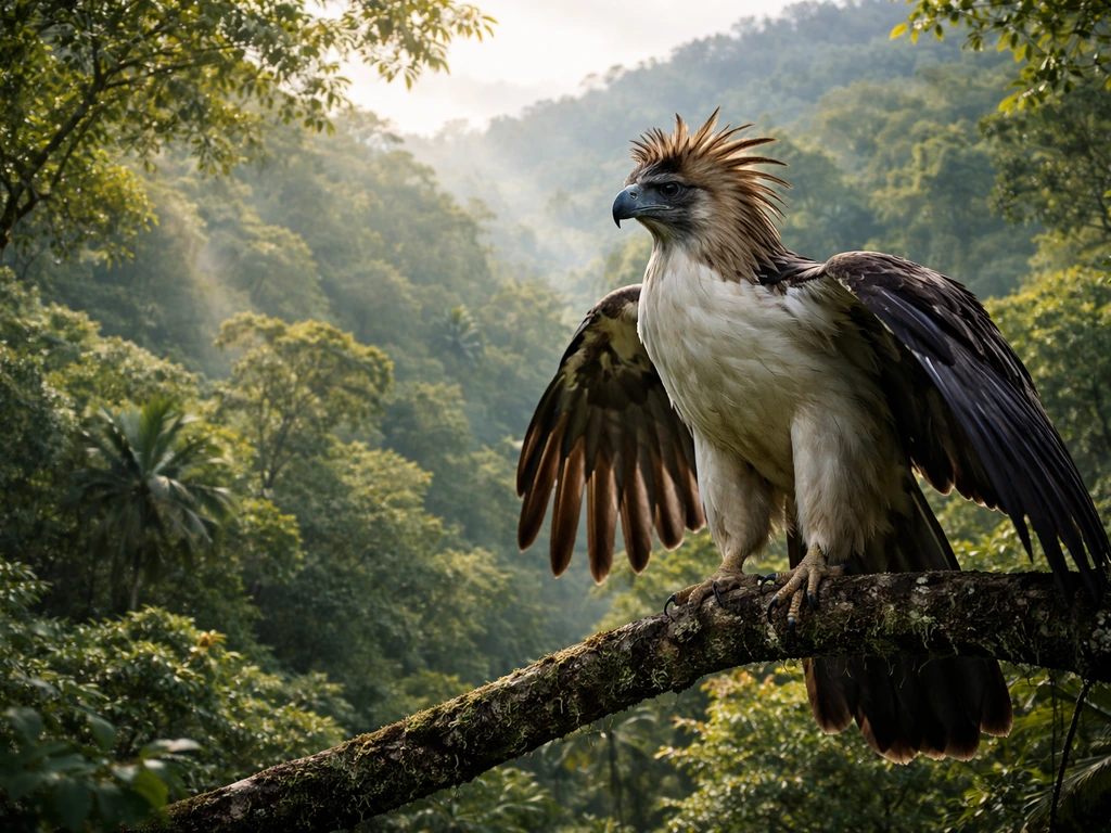 Philippine eagle perched above lush, layered rainforest canopy at sunrise, symbolizing keystone-species ecological pride