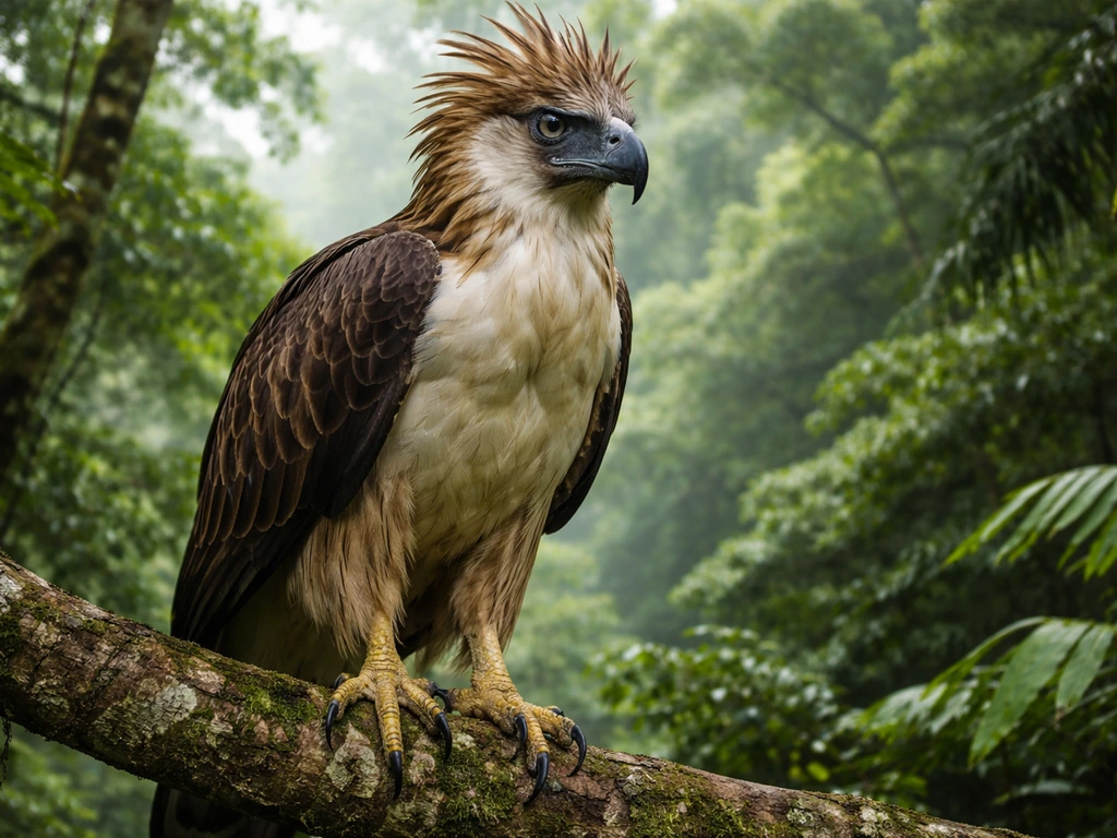 Close-up of a Philippine eagle perched in a lush forest canopy, highlighting its size and endangered habitat.