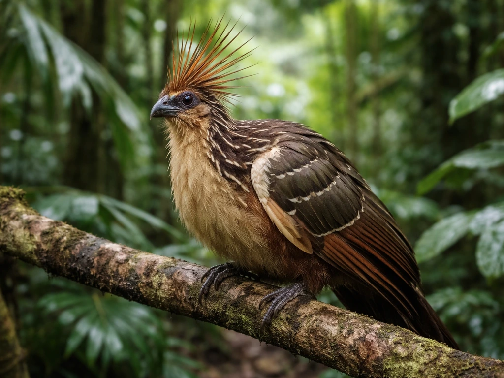 A vivid hoatzin (Canje pheasant) perched in lush tropical greenery, realistic close-up in natural light.