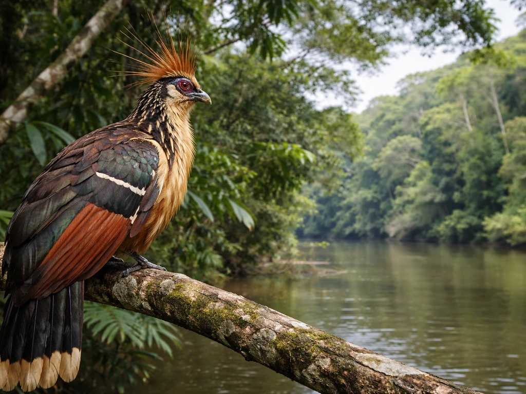 Hoatzin bird perched on a branch in a lush green jungle, clear view of its head and feathers.