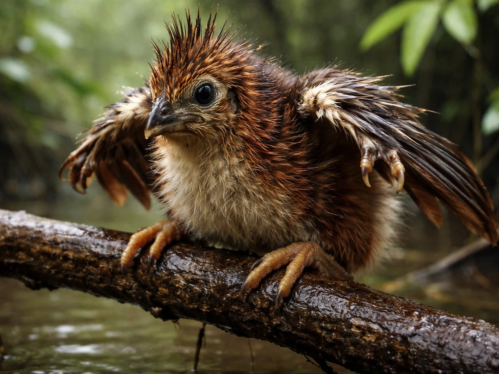 Hoatzin chick gripping a wet branch with functional clawed wings in an Amazon swamp nest.