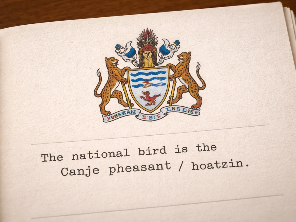 Close-up of an open archival document page showing Guyana coat-of-arms reference naming the national bird as hoatzin.