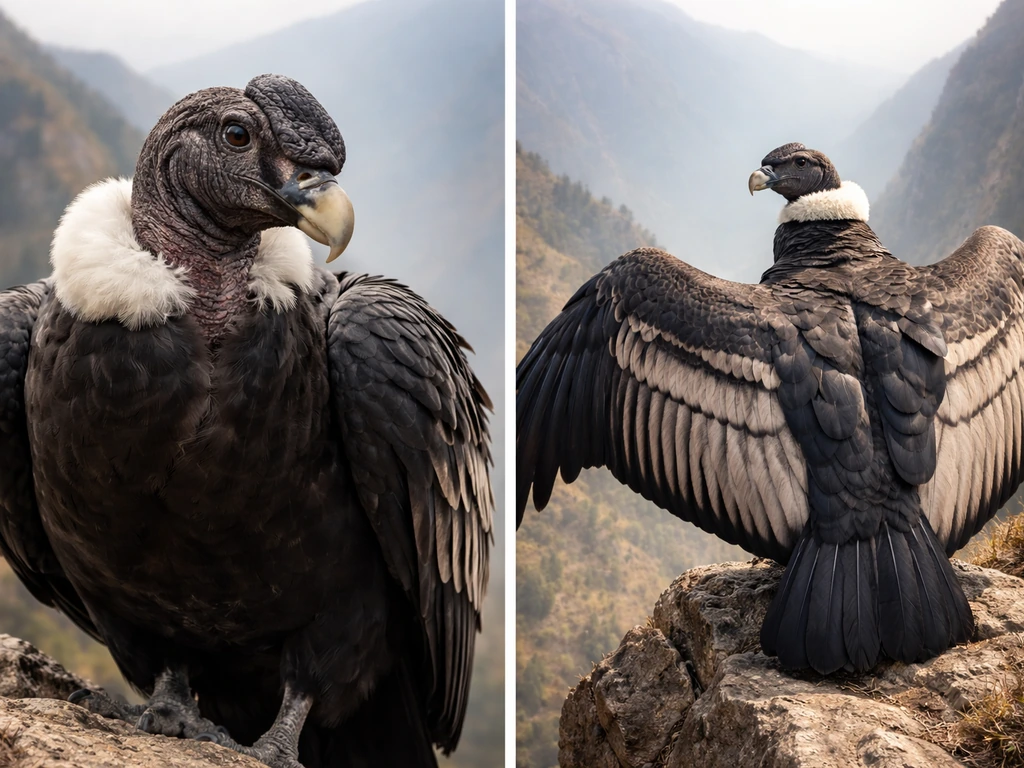 Andean condor perched on rocky Andes cliff, close-up of bare head and wing span details.