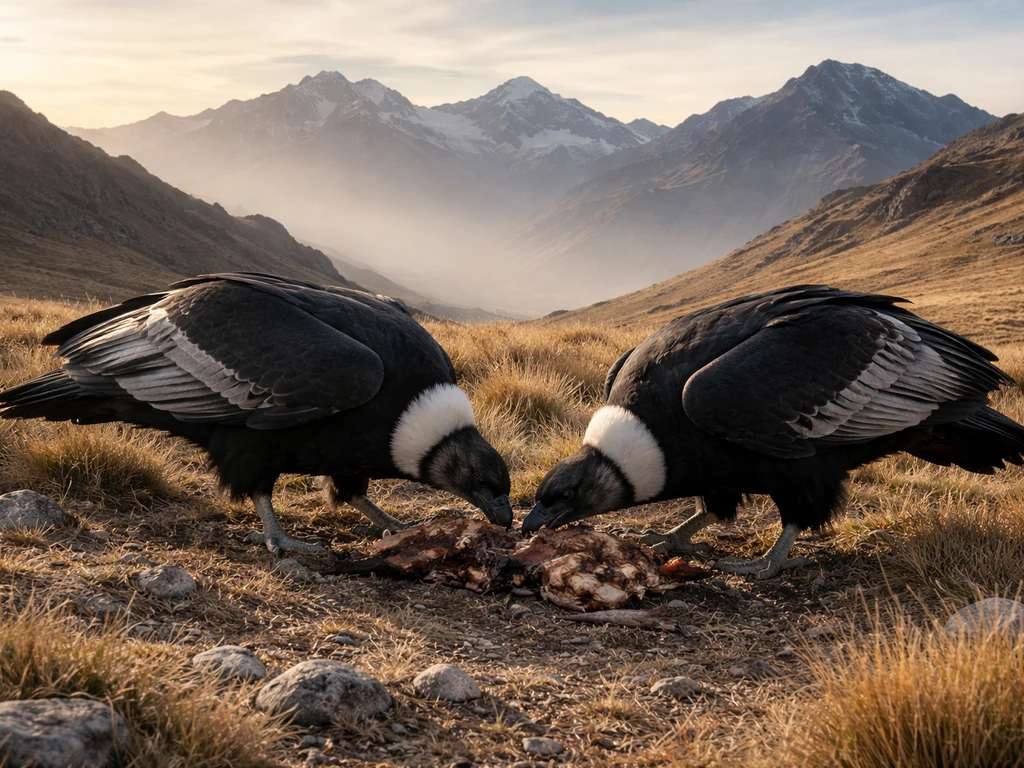 Andean condors feeding on carrion in high-altitude grasslands near the treeline