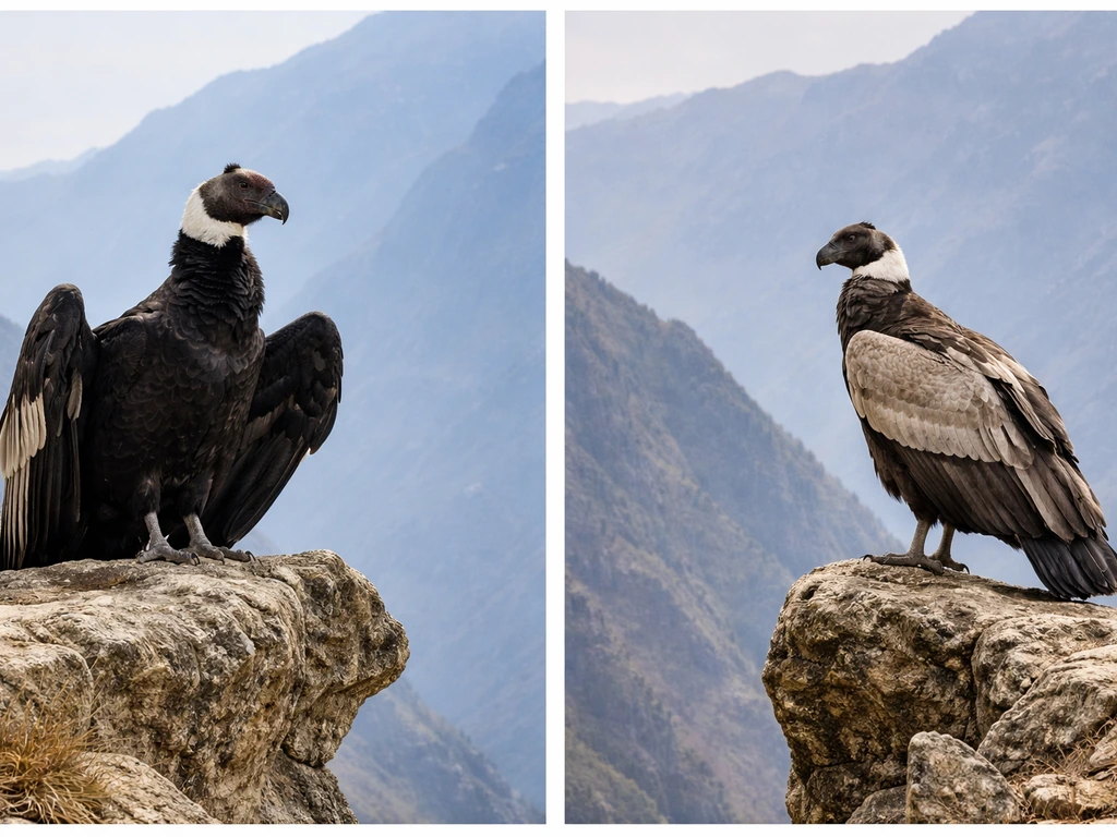 Two perched Andean birds side-by-side on rocky ledges, contrasting condor-like appearance in simple Andes light.