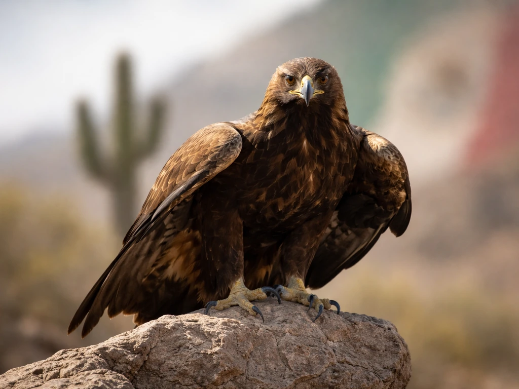 Golden eagle perched on rocks with a softly blurred cactus and faint red-green tones behind it