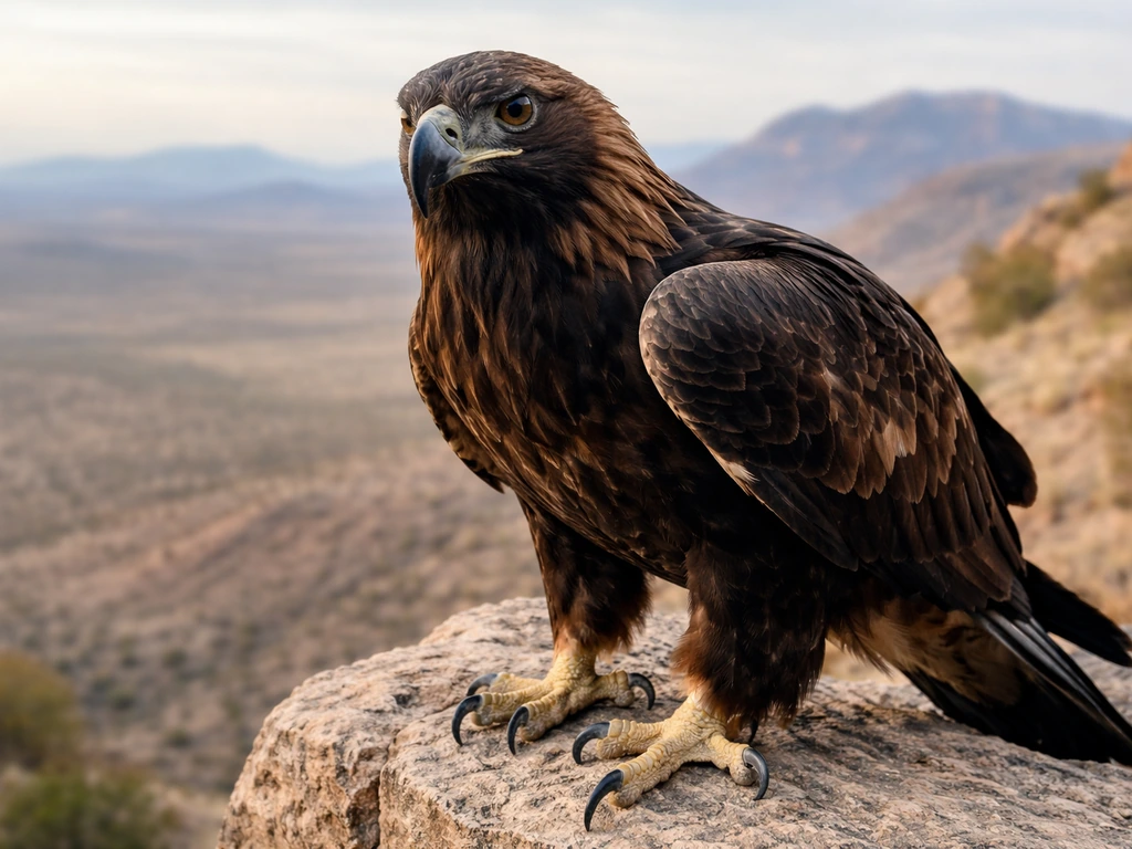 Golden eagle perched on rocky ledge with desert mountains softly blurred in the background.