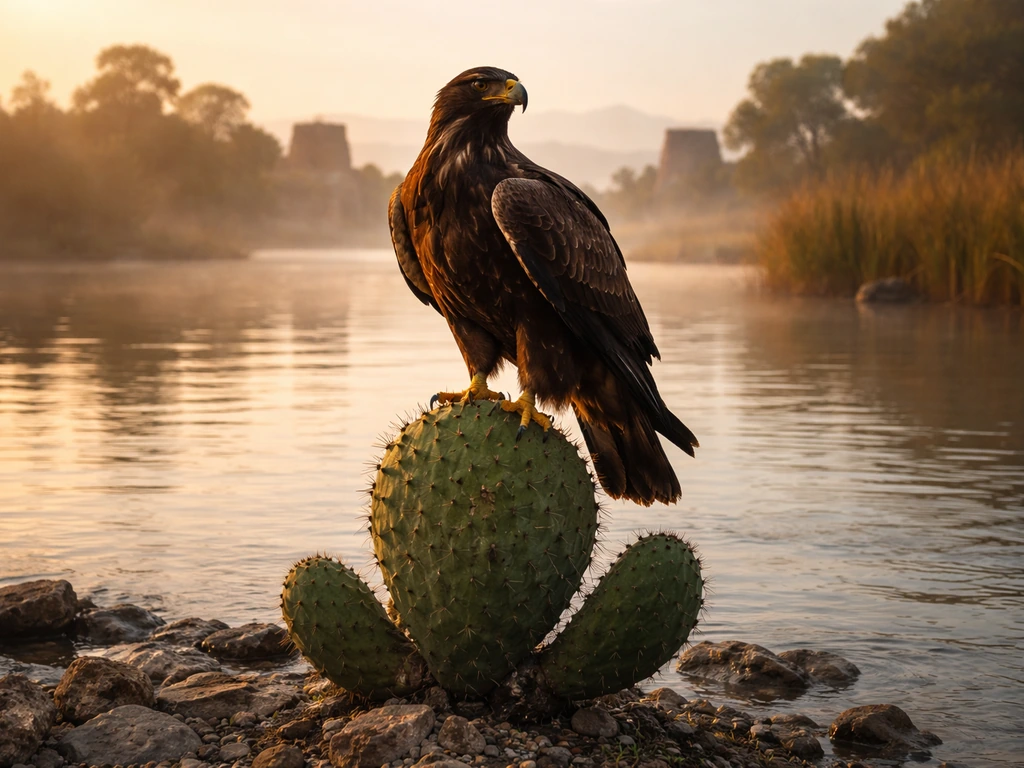 Golden eagle perched atop a prickly nopal cactus with ancient canal waters behind it at sunrise.