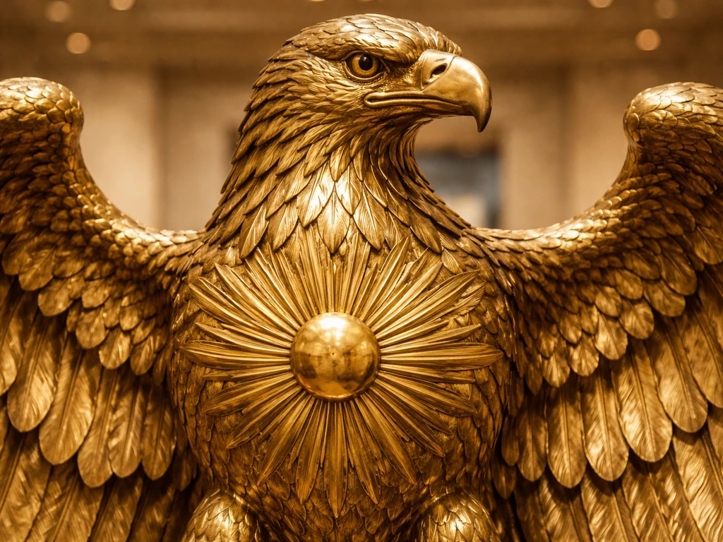 Close-up of an ornate golden eagle sculpture with subtle sunburst and Aztec-inspired feather details