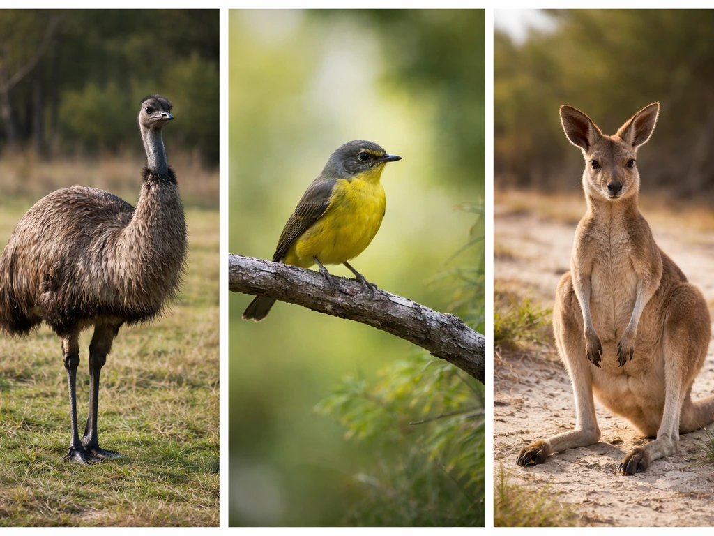 Three Australian wildlife scenes side-by-side: emu, a small state-bird-style bird, and a kangaroo.