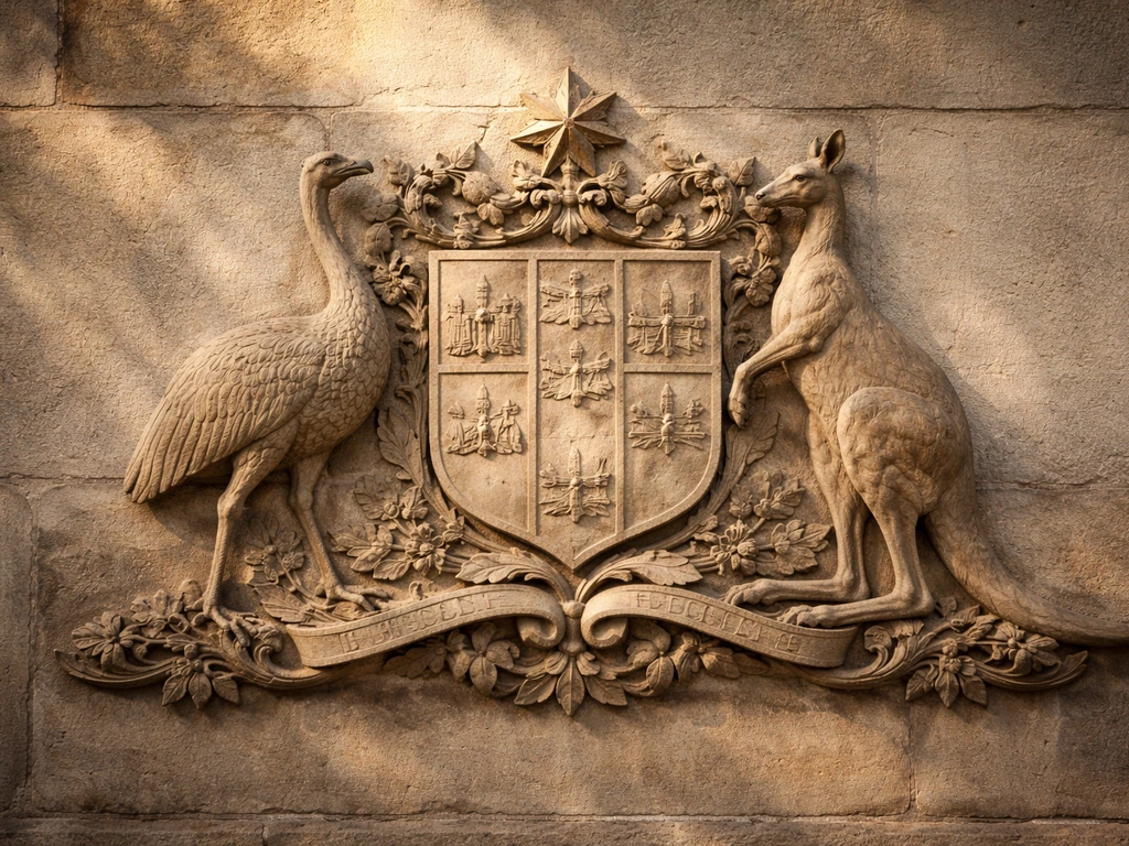 Close-up of an aged Commonwealth Coat of Arms relief with emu and kangaroo supporters.
