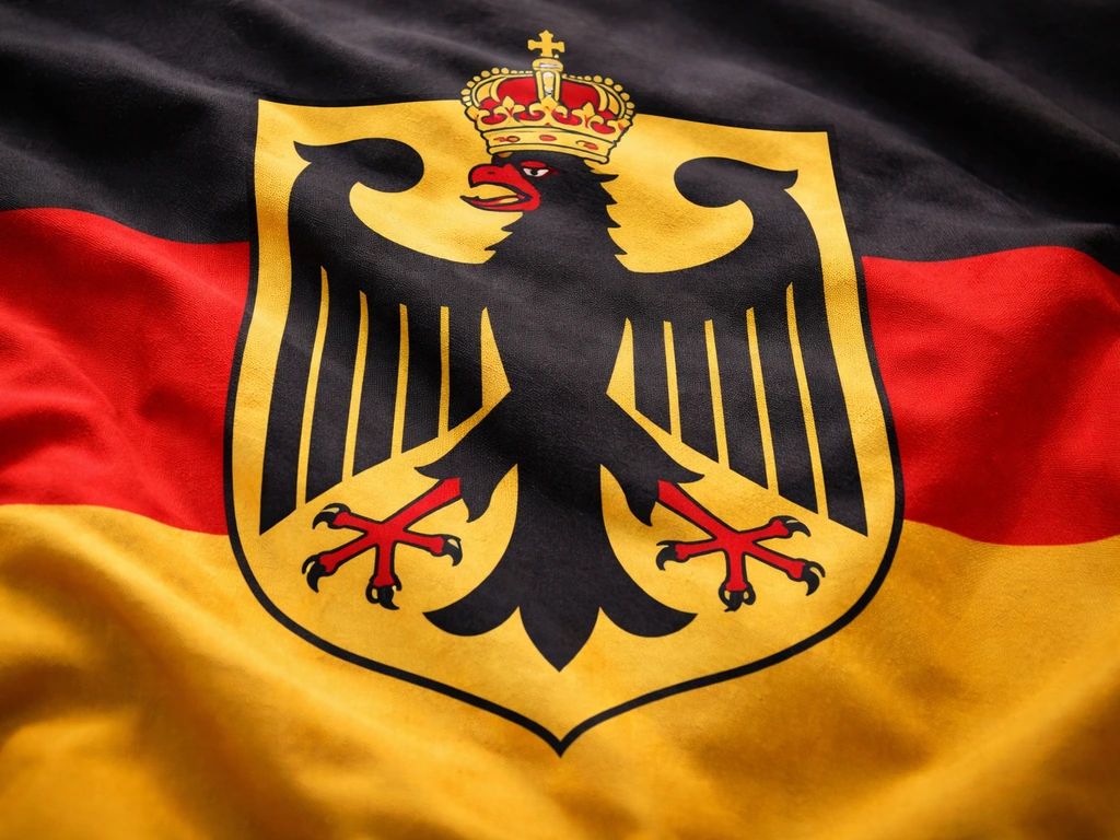 Close-up of the stylized German heraldic eagle emblem on a waving German flag, crown, wings and talons visible.