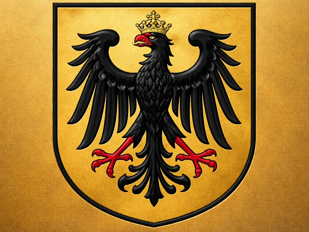 Close-up of a crowned single-headed eagle emblem in black, red, and gold on a golden field.