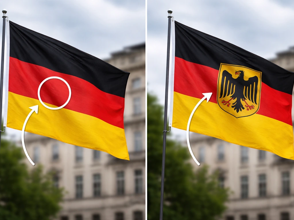 Split view of plain German tricolor flag and another with a centered eagle emblem, clear emblem vs none.