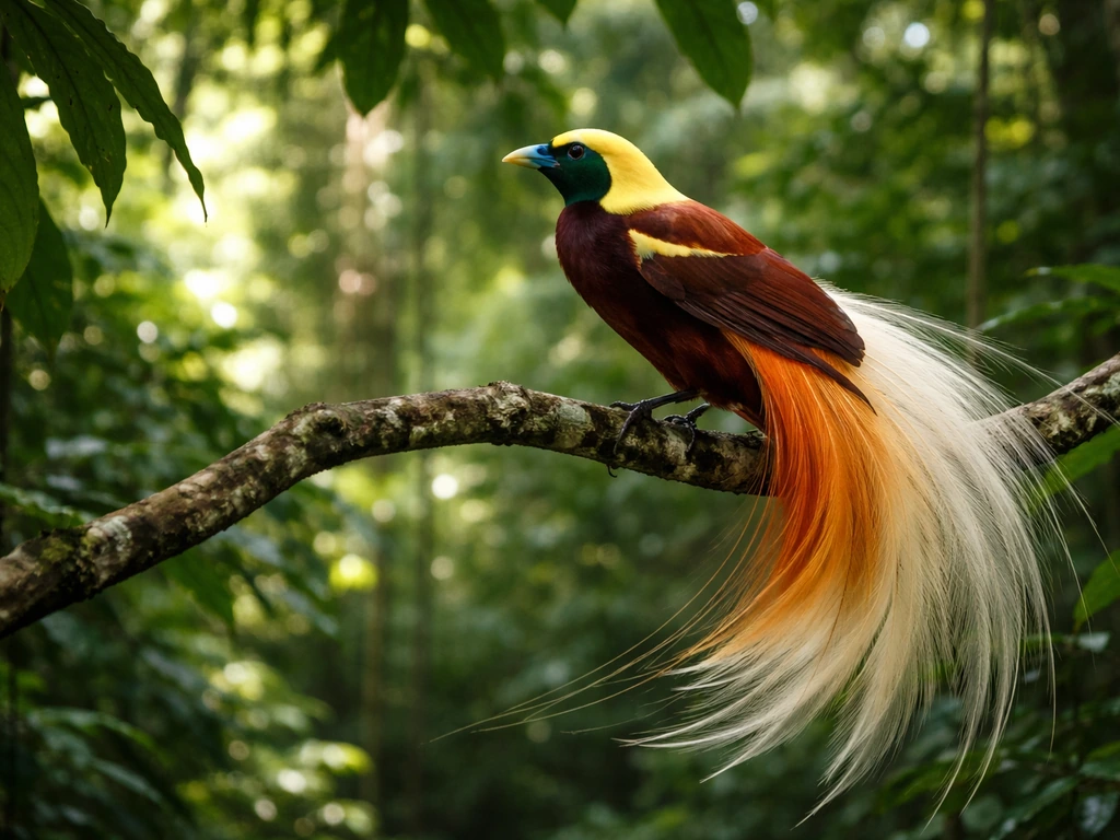 Male raggiana bird-of-paradise perched in a lush Papua New Guinea rainforest with vivid plumage.