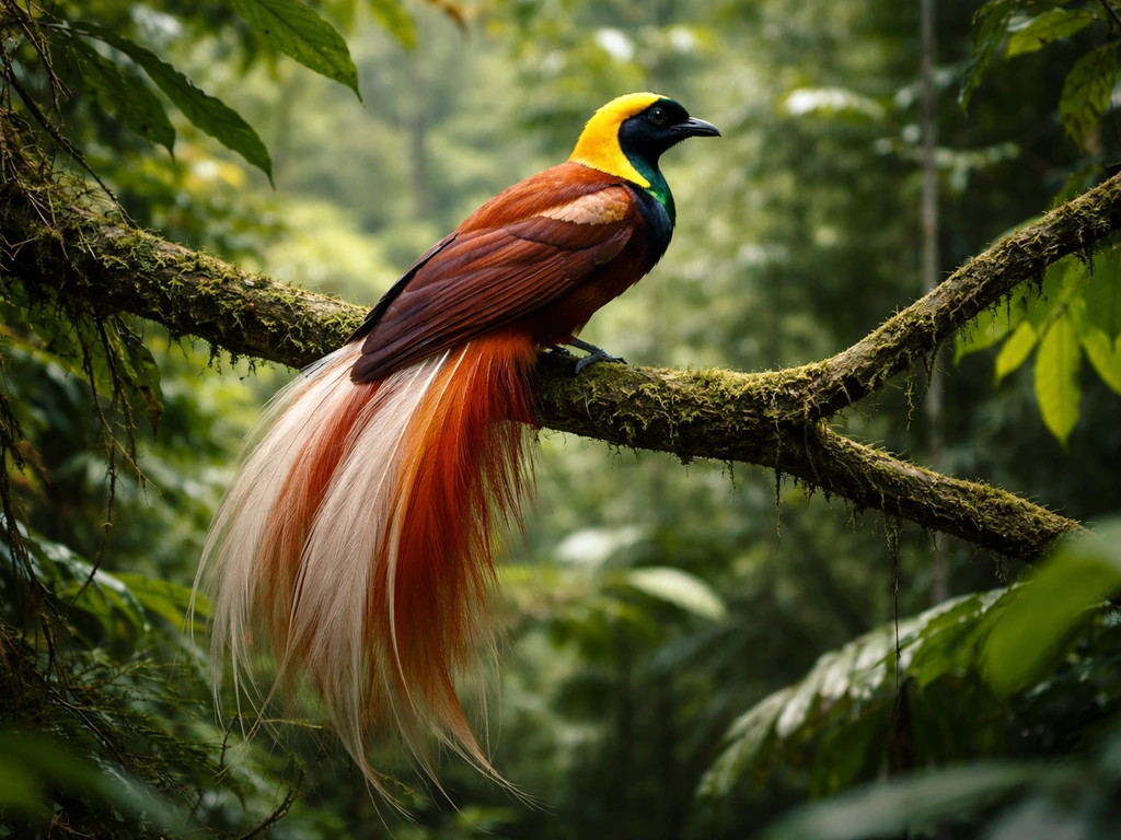 Raggiana bird-of-paradise perched on a rainforest branch with lush green canopy in Papua New Guinea.