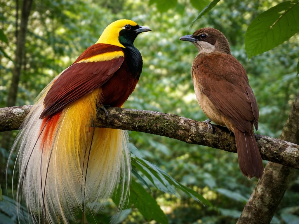 Male and female raggiana bird-of-paradise side by side on a branch in a rainforest, showing plumage contrast.