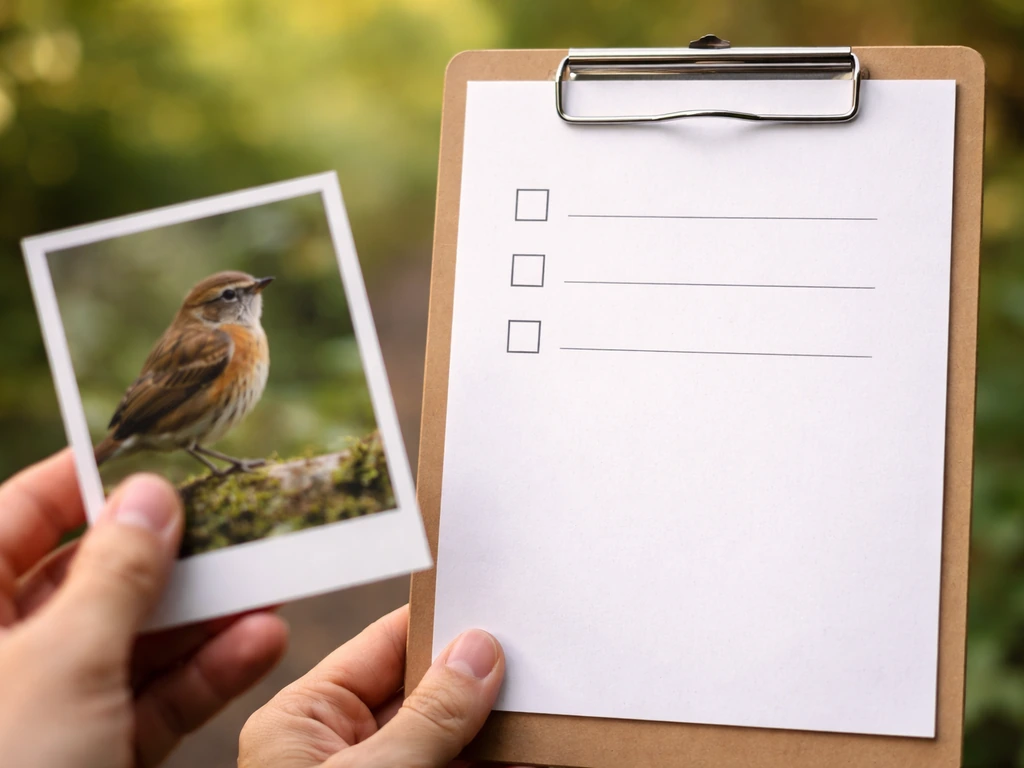 Close-up of a checklist card with bird plumage references, showing checklist-style verification cues.