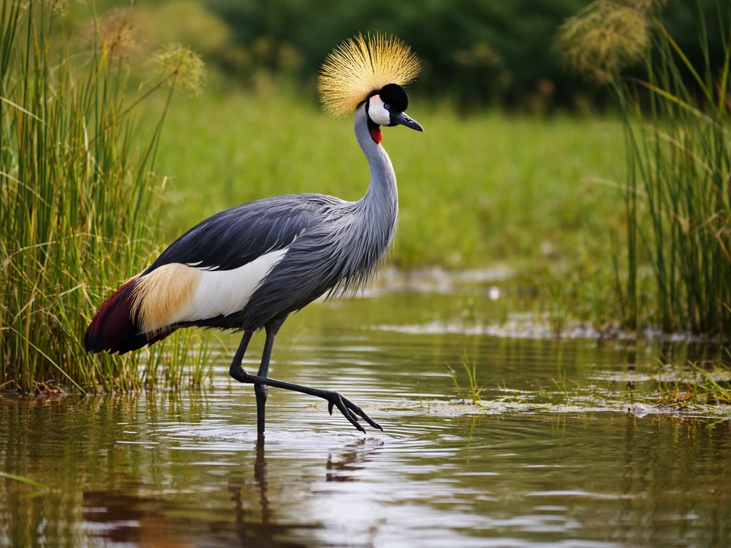 Grey crowned crane standing in shallow wetland water with its crested crown feathers visible.