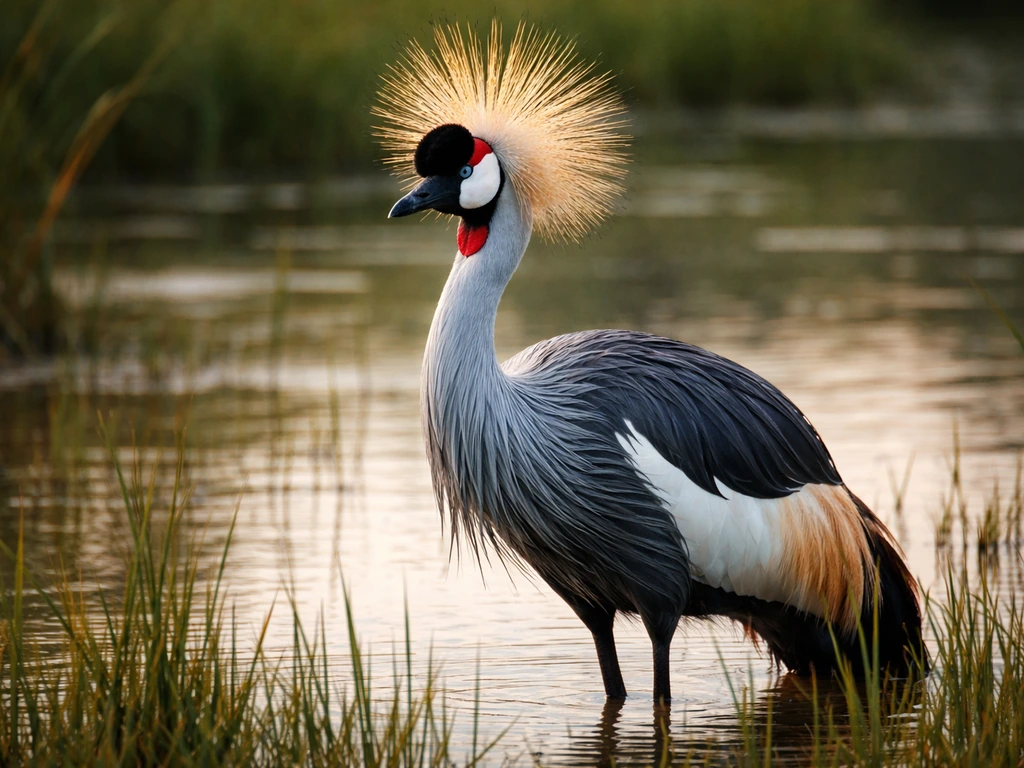 Close-up of a crested crane with a radiating golden crown in a wetland with reeds behind.