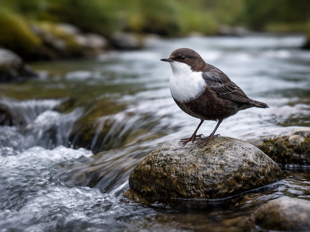 White-throated dipper standing on a stone in a clear Norwegian river with flowing water